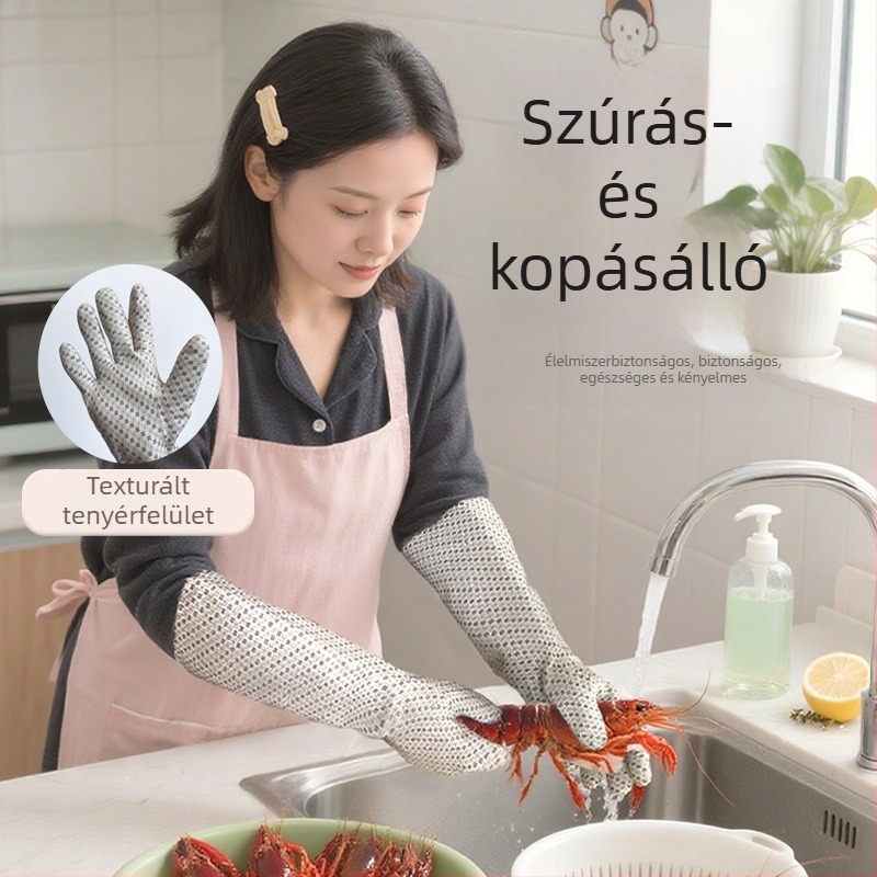 Élelmiszer-minőségű olajálló és hőálló vastagított tisztító kesztyűk, konyhai sütéshez, mosogatáshoz és élelmiszer-előkészítéshez.