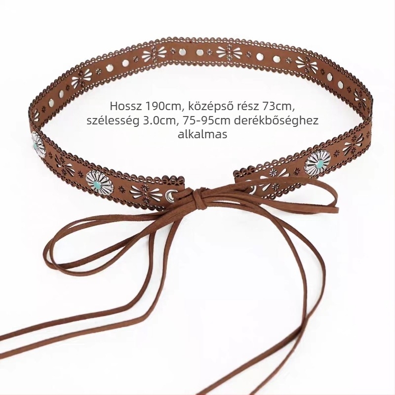Etno-stílusú retro lyukasztott deréköv bojt-díszítéssel, ruhához való kiegészítő