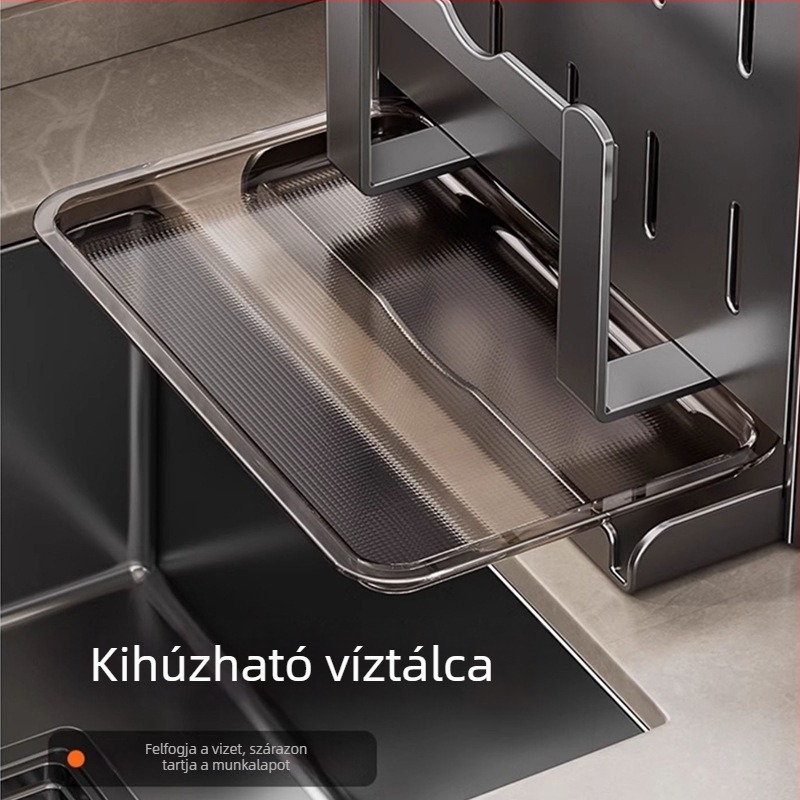 Rozsdamentes acélból készült konyhai késállvány edényfedővel és vágódeszkával — asztali, többfunkciós tároló