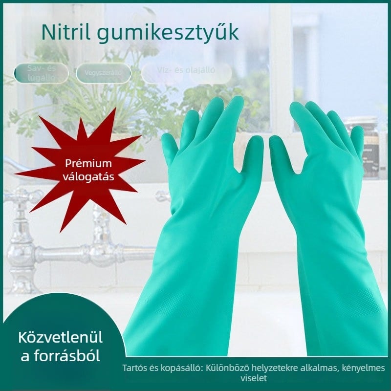Megvastagított nitril kesztyűk – kémiai ellenállóak, sav- és lúgállóak, olajállóak, vízállóak, kopásállóak, csúszásmentesek, mosogatáshoz