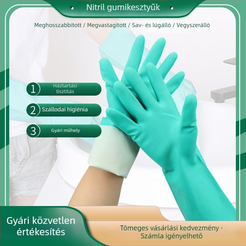 Megvastagított nitril kesztyűk – kémiai ellenállóak, sav- és lúgállóak, olajállóak, vízállóak, kopásállóak, csúszásmentesek, mosogatáshoz