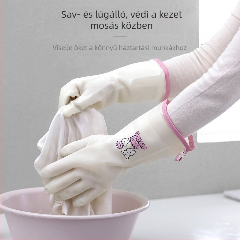 Hosszú, vastag gumikesztyűk konyhai takarításhoz, edények és ruhák mosásához, beépített akasztóval.