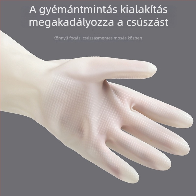 Hosszú, vastag gumikesztyűk konyhai takarításhoz, edények és ruhák mosásához, beépített akasztóval.