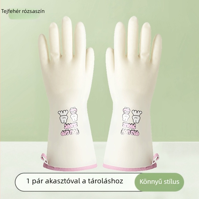 Hosszú, vastag gumikesztyűk konyhai takarításhoz, edények és ruhák mosásához, beépített akasztóval.
