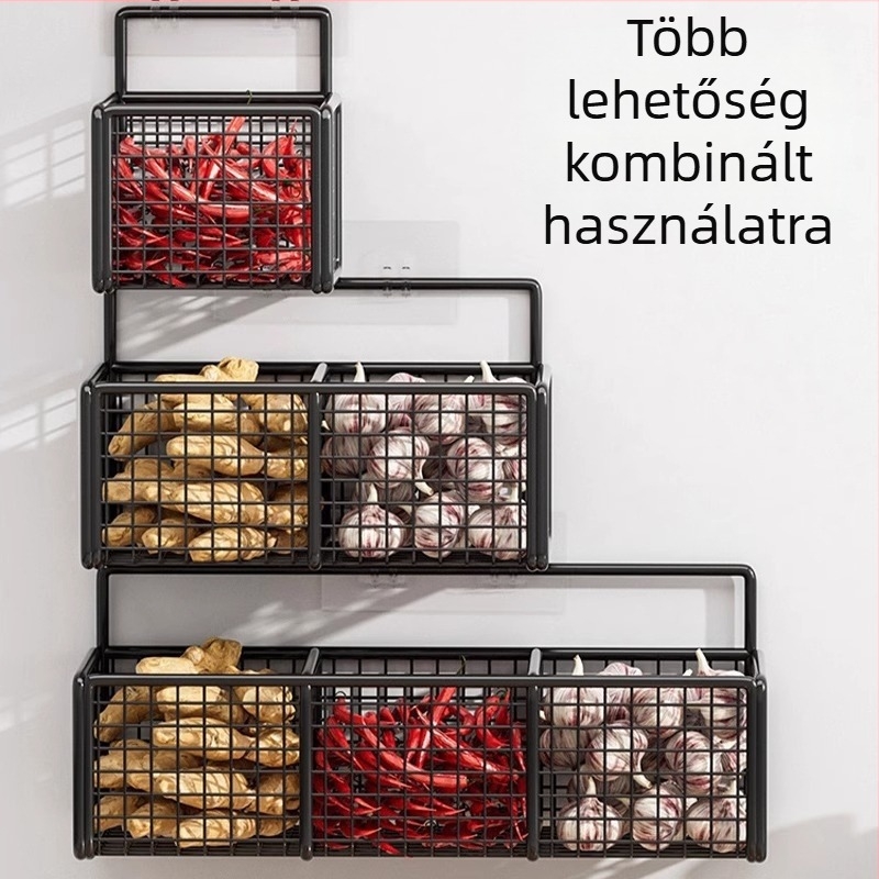 Falon rögzíthető hagyma, gyömbér és fokhagyma tároló – konyhai fűszer- és tároló kosár
