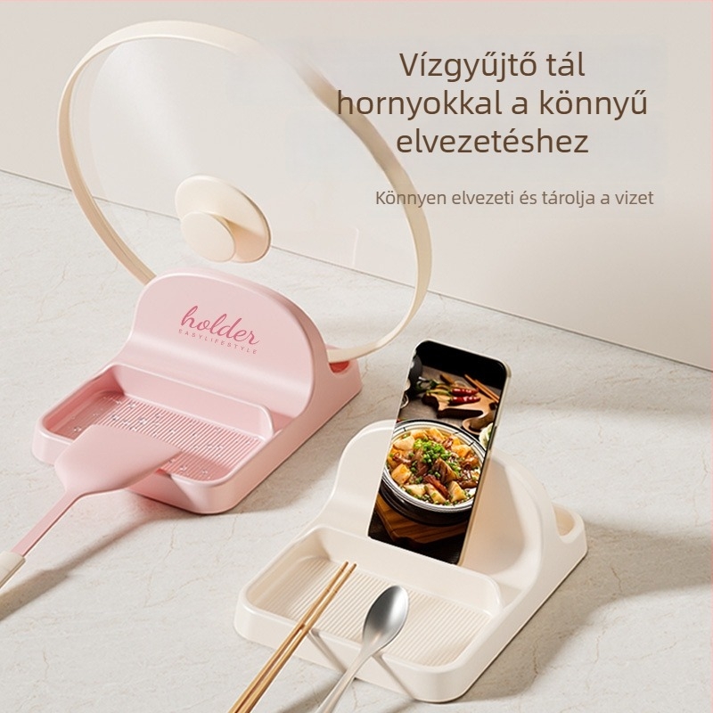 Konyhai tárolópolc fedők számára, spatulákhoz és telefonhoz