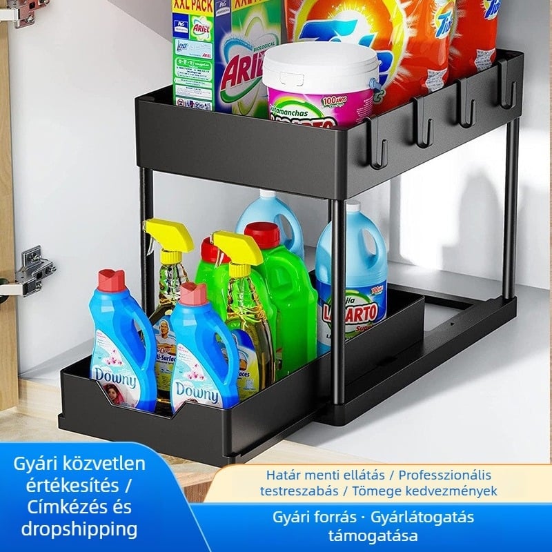 Kétszintes konyhai tároló a mosogató alatt, kihúzható, modern minimalista stílusú