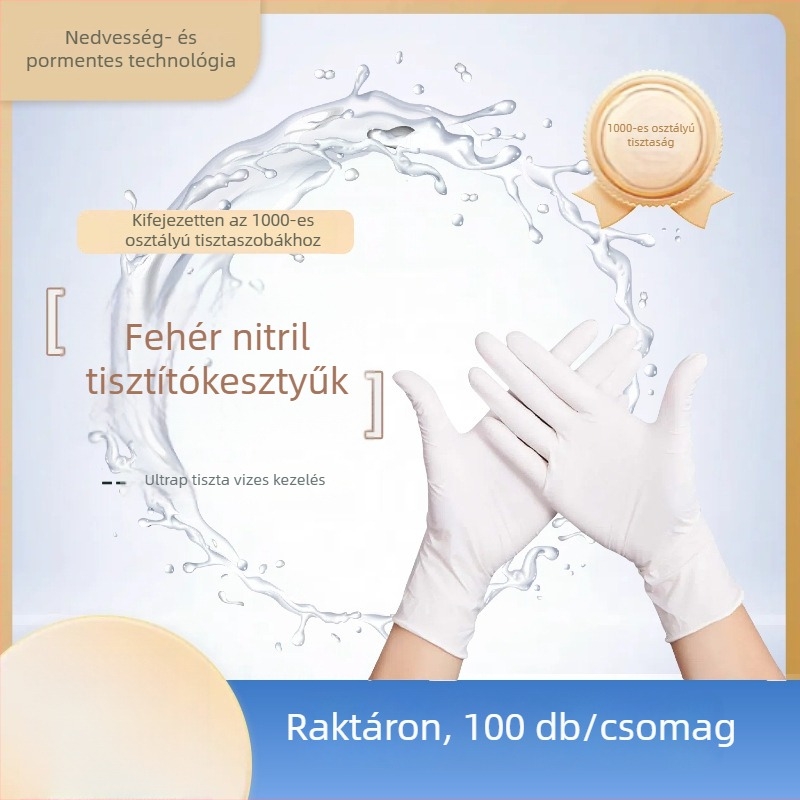 Nitril egyszer használatos kesztyűk, pormentes, fehér, tisztaszobai felhasználásra, méretek 9–12 hüvelyk, 100 db