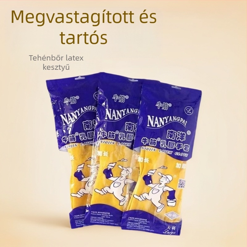 Latex kesztyű marháin eredetű ínnal, háztartási tisztításhoz és védelemhez, nem egyszer használatos, vastagabb és hosszabbított kivitel