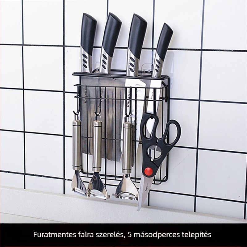 Rozsdamentes acél késakasztó és konyhai tároló, falra szerelhető, fúrás nélkül, multifunkcionális késtartó kampóval