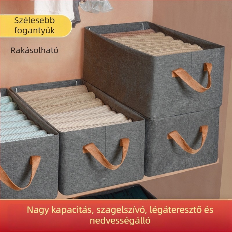 Ágyszobai tároló doboz kationos pamut-lin anyagból, összecsukható, hordozható, nagy kapacitású (46x28x20 cm).