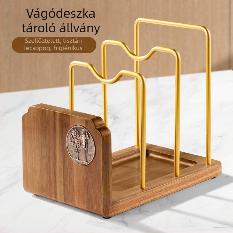 Akácfa tömörfa vágódeszka-tároló – konyhai multifunkcionális szárítóállvány vágódeszkákhoz, fedőkhez és nyújtóhoz