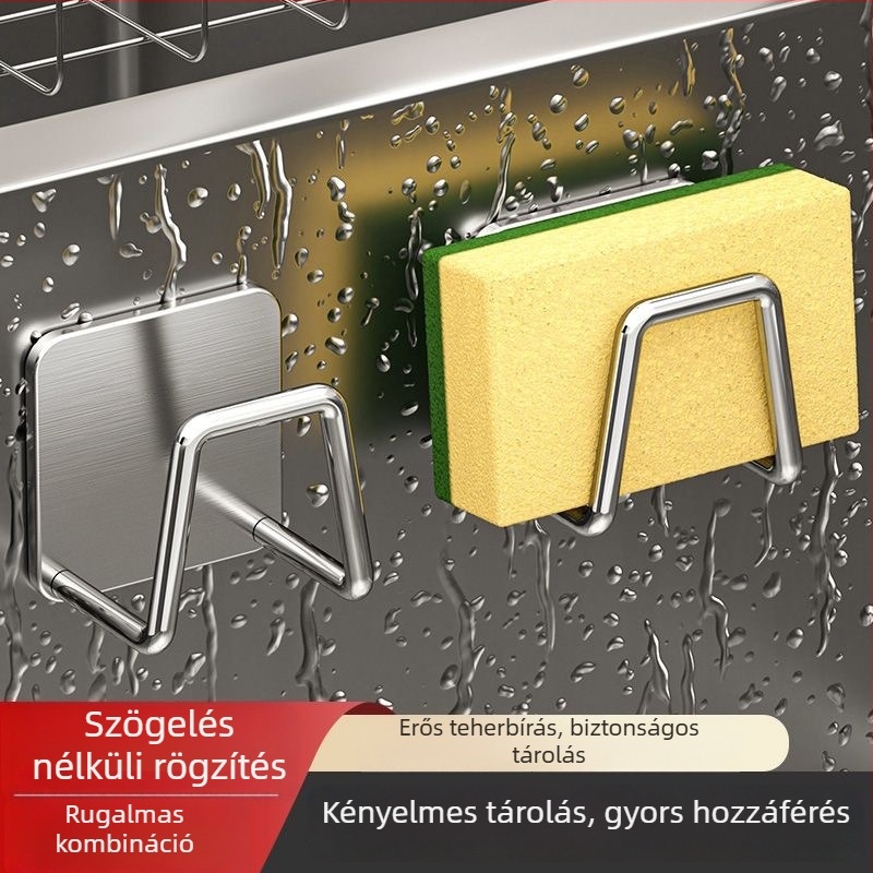 Rozsdamentes acélból készült falra szerelhető konyhai tároló — lyukasztás nélküli telepítés, szivacsok és edényfedők tárolására
