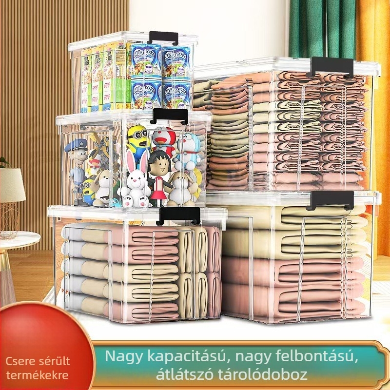 Átlátszó téglalap alakú műanyag tároló doboz fedéllel, nagy kapacitás, otthoni rendszerezéshez és ruhák tárolásához