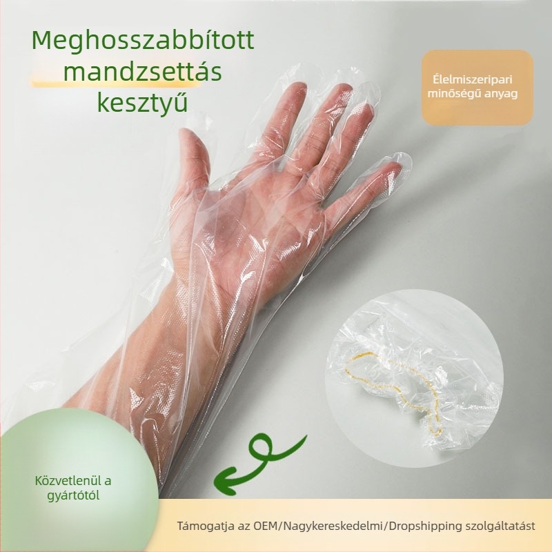 Konyhai PE egyszer használatos kesztyű hosszított karvédővel, vízálló és olajálló, háztartási használatra