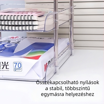 Műanyag asztali könyv- és irattároló, több szintes, irodai rendező, diákok számára