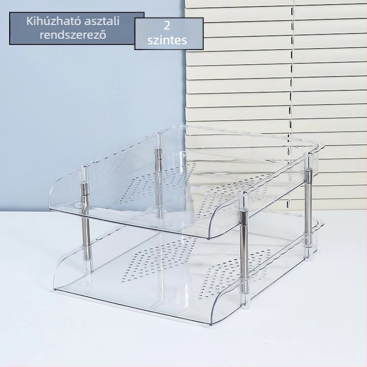 Műanyag asztali könyv- és irattároló, több szintes, irodai rendező, diákok számára