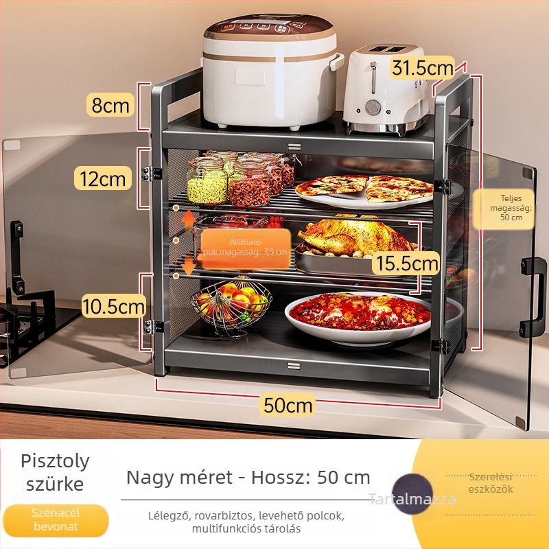 Többcélú konyhai tároló szekrény szénacélból, maradékok és edények tárolására, szellőző edény- és étkészlet-tartó, téglalap alakú munkalaphoz