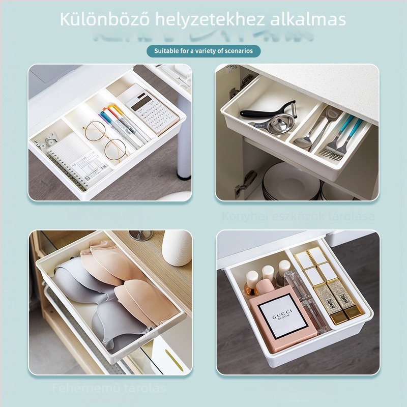 Íróasztal alatti fiókos tároló — rejtett, praktikus irodai szervező fiókkal, rögzítés fúrás nélkül