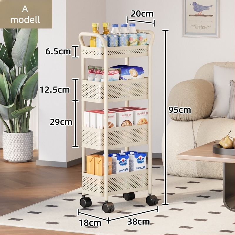 Mozgó, több szintes konyhai kocsi a hűtő melletti réshoz, oldalsó kosárral