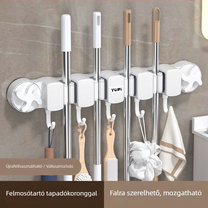 Új, többfunkciós falra szerelhető mop-klip tároló, fúrás nélkül, fürdőszobába, zuhanyzóba és erkélyre