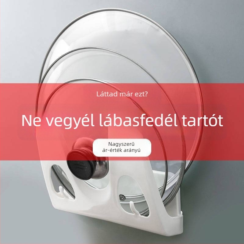 Fali szerelésű, fúrás nélküli fedő- és vágódeszka tároló, multifunkcionális leeresztő polc