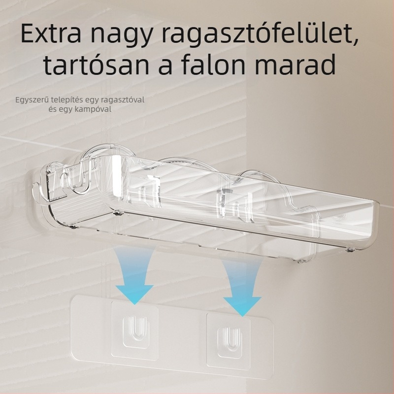 Átlátszó fürdőszobai falra szerelhető tároló kozmetikumokhoz, fúrás nélkül