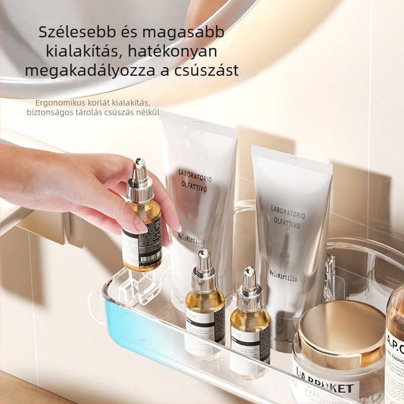 Átlátszó fürdőszobai falra szerelhető tároló kozmetikumokhoz, fúrás nélkül