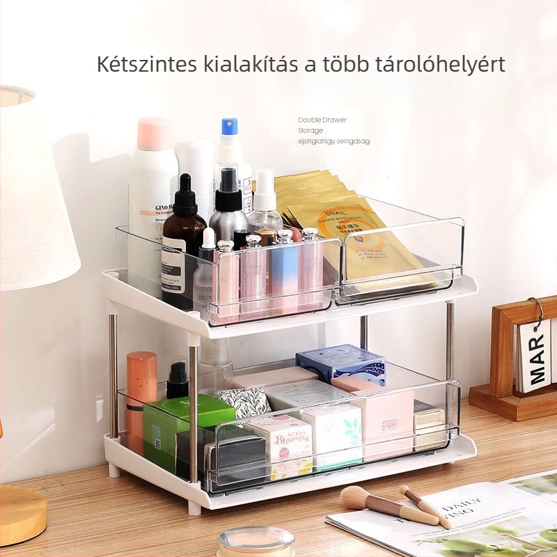 Két szintes műanyag tároló polc fiókokkal – asztali rendező a konyhához, nappaliba és hálószobába
