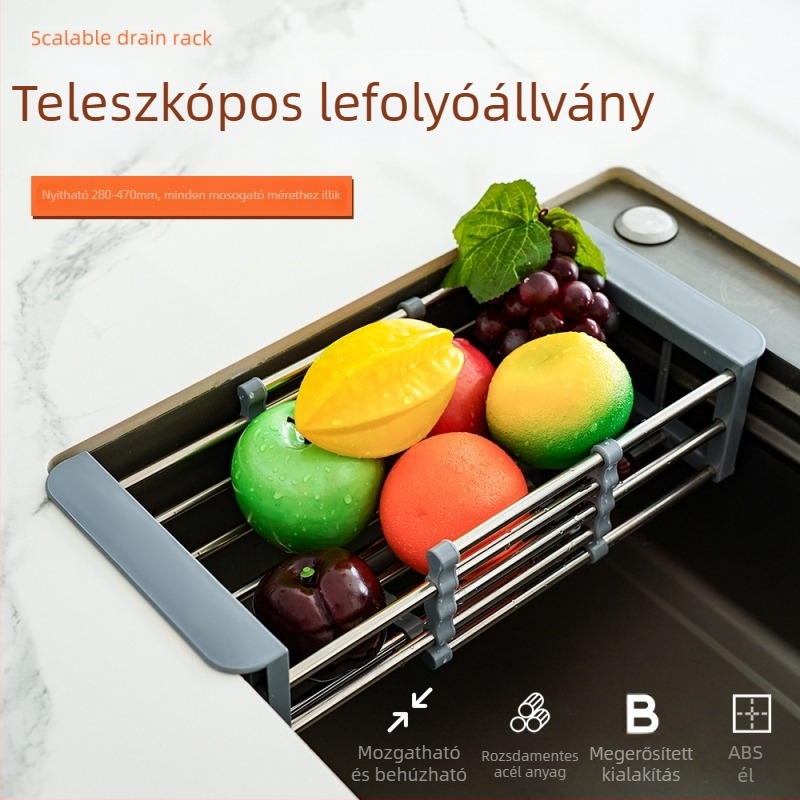 Kényelmes teleszkópos leeresztő kosár mosogatáshoz, rozsdamentes acélból, konyhai tároló zöldségekhez és eszközökhöz