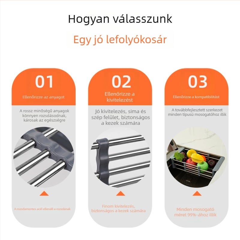 Kényelmes teleszkópos leeresztő kosár mosogatáshoz, rozsdamentes acélból, konyhai tároló zöldségekhez és eszközökhöz