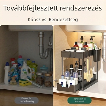 Két emeletes kihúzható tároló a mosogatóhoz és a munkalaphoz, műanyag szervező a konyhának és a fürdőszobának