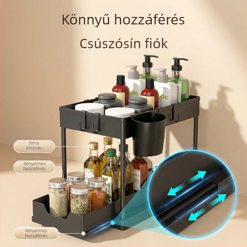 Két emeletes kihúzható tároló a mosogatóhoz és a munkalaphoz, műanyag szervező a konyhának és a fürdőszobának