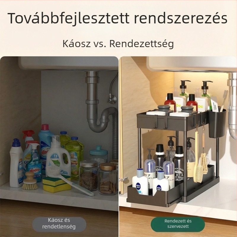 Két emeletes kihúzható tároló a mosogatóhoz és a munkalaphoz, műanyag szervező a konyhának és a fürdőszobának
