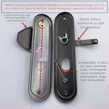 Rablás elleni ajtókilincs záras, disznófül alakú háromszög kilincs, fekete-arany paneles ajtózár, furatok közötti távolság 235 mm