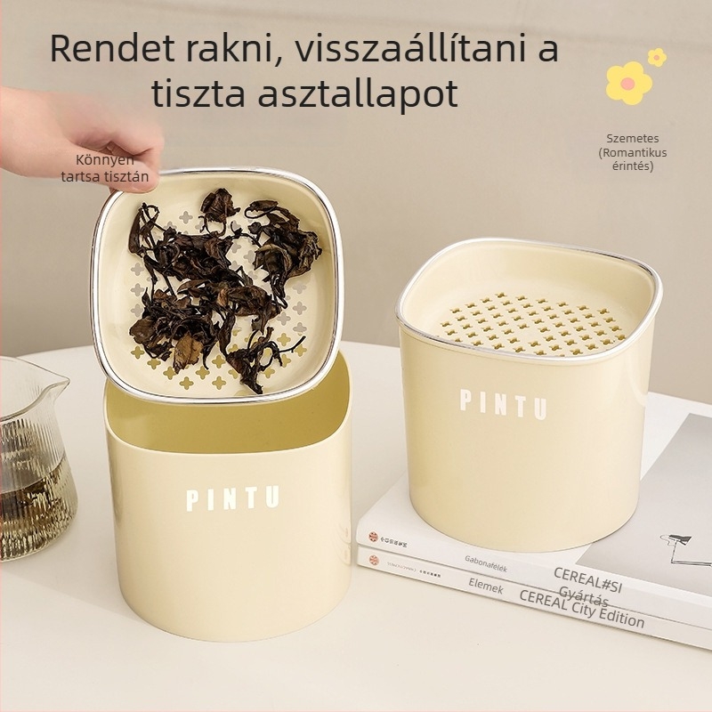 Asztali teás kuka száraz–nedves elválasztással, teafilterrel és mini teás hulladék-tartóval