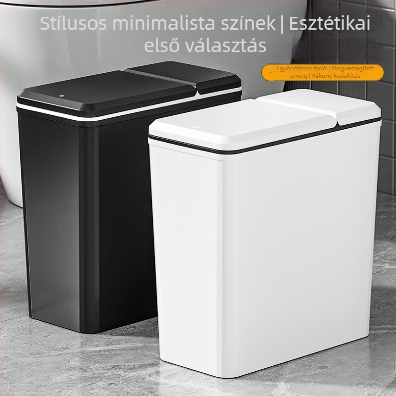 Fedővel ellátott keskeny profilú szemetes, nagy kapacitású, otthoni használatra — fürdőszobába, konyhába, nappaliba és vécére, elegáns, könnyed luxus dizájn