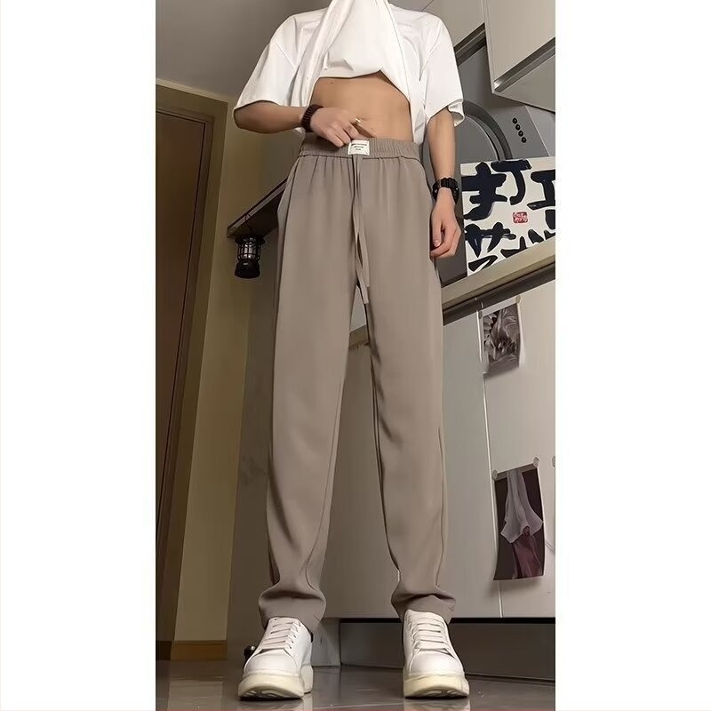 Férfi Ice-Silk nadrág nyárra, khaki színben, amerikai utcai divat stílus, laza esésű, egyenes szabású casual nadrág