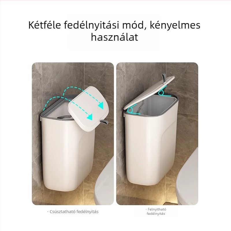 Fali fürdőszobai szemetes fedővel és vécépapír-tartóval, keskeny és kompakt