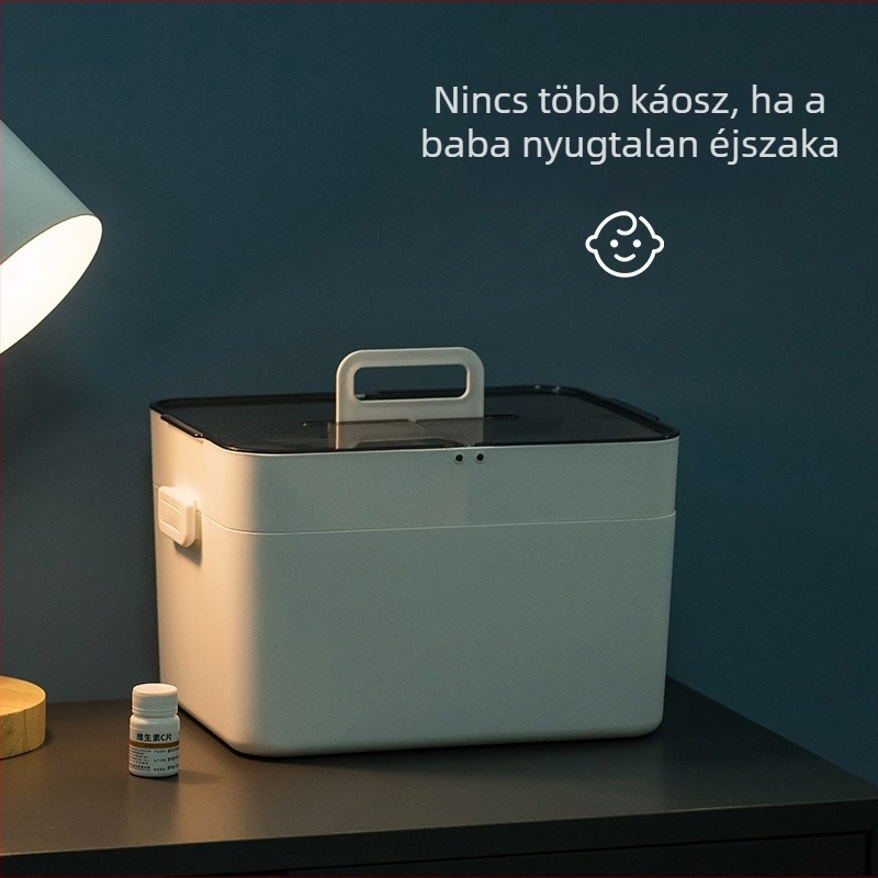 Nagy, kétszintes háztartási gyógyszeres doboz műanyag elválasztókkal, por- és nedvességálló, tartós