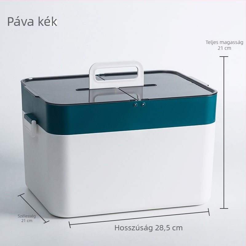 Nagy, kétszintes háztartási gyógyszeres doboz műanyag elválasztókkal, por- és nedvességálló, tartós