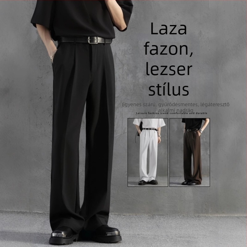 Fekete férfi öltöny nadrág, vasalásmentes, drapírozott vonalú, szabadon laza, egyenes szabás, enyhe bővítés