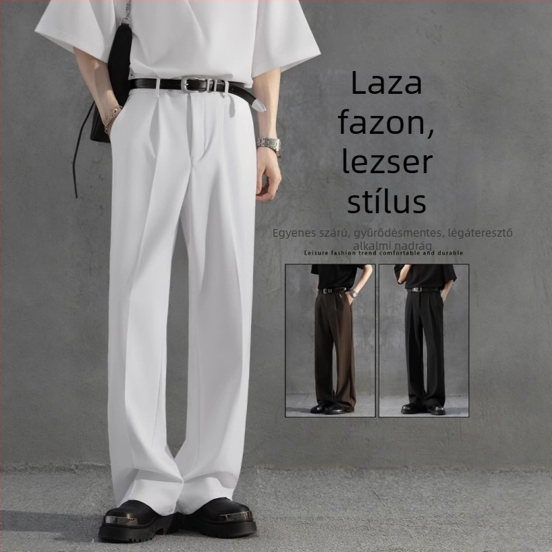 Fekete férfi öltöny nadrág, vasalásmentes, drapírozott vonalú, szabadon laza, egyenes szabás, enyhe bővítés