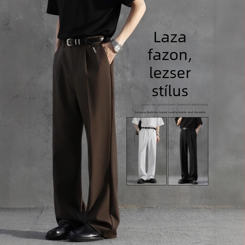 Fekete férfi öltöny nadrág, vasalásmentes, drapírozott vonalú, szabadon laza, egyenes szabás, enyhe bővítés