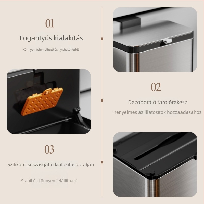 Rozsdamentes acélból készült falra szerelhető szemetes fedéllel, fúrás nélkül, belső és külső kettős rekesz a konyhához