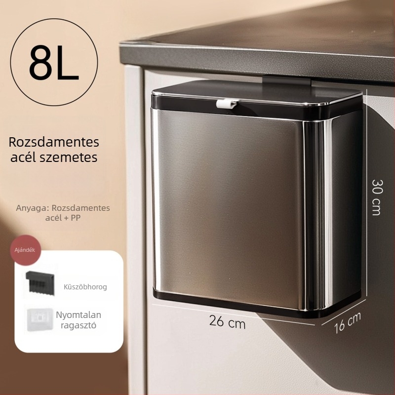 Rozsdamentes acélból készült falra szerelhető szemetes fedéllel, fúrás nélkül, belső és külső kettős rekesz a konyhához