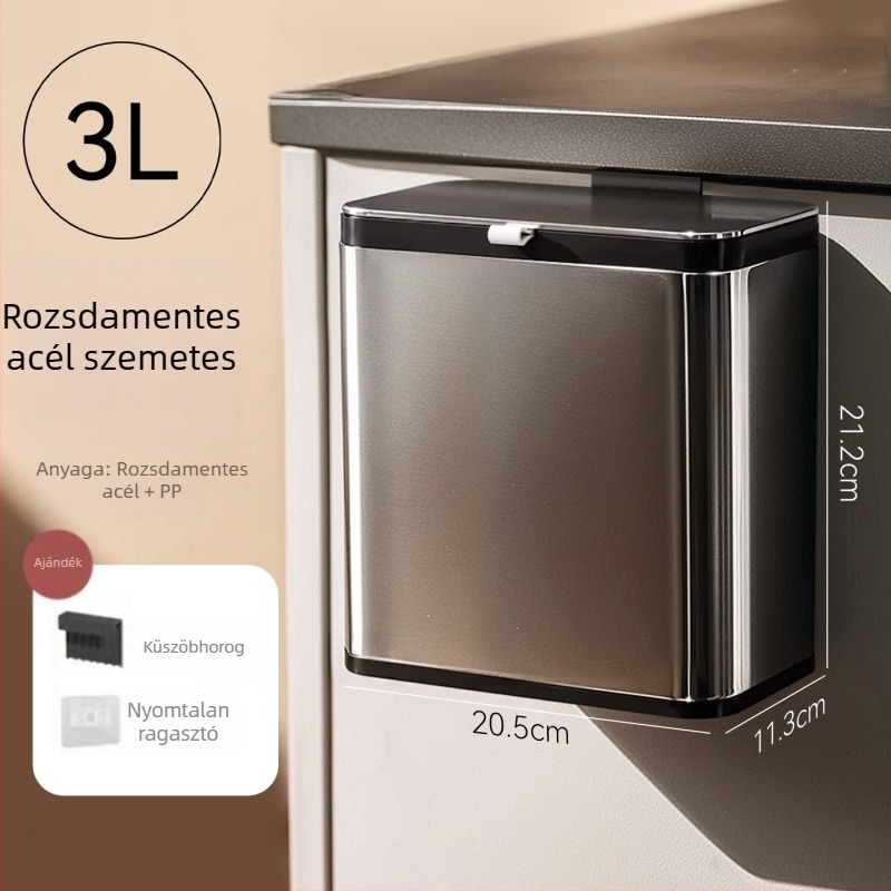 Rozsdamentes acélból készült falra szerelhető szemetes fedéllel, fúrás nélkül, belső és külső kettős rekesz a konyhához