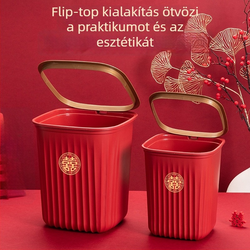 Piros esküvői kellékek készlet: négyszögletes szemetes és gyűrűtartó, esküvői szobadekoráció
