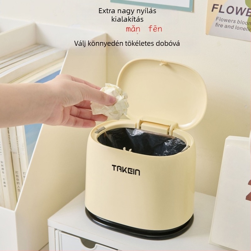 Kreatív mini asztali szemetes fedéllel, nyomógombos felnyitható fedél, otthoni tároláshoz és tisztításhoz