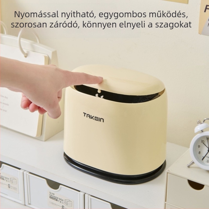 Kreatív mini asztali szemetes fedéllel, nyomógombos felnyitható fedél, otthoni tároláshoz és tisztításhoz